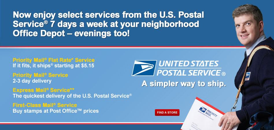 USPS mailing services from US Postal Service at Office Depot everyday, evenings and holidays