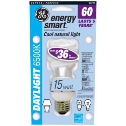 GE Spiral Compact Fluorescent Bulb, 15 Watts (60 Watts Equivalent), Daylight