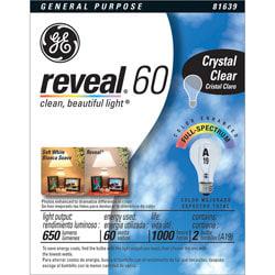 GE Reveal Crystal Clear Bulbs, 60 Watts, Pack Of 2