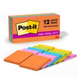 Post-it(R) Super-Sticky Notes, 3in. x 3in., Assorted Ultra Colors, 90 Sheets Per Pad, Pack Of 12 Pads
