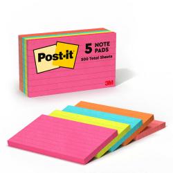 Post-it(R) Lined Notes, 3in. x 5in., Assorted Neon Colors, Pack Of 5
