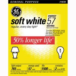 GE Soft White Low-Wattage Light Bulbs, California Title 20 Compliant, 57 Watts, Pack Of 2